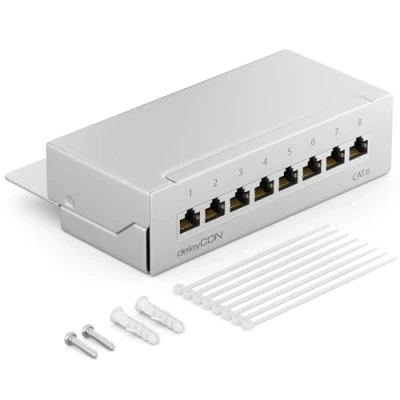 Afbeelding van deleyCON CAT 6 Patchpanel Distributiepaneel 8 Poorts Desktop &amp; Wandbevestiging Afgeschermd 8x RJ45 Aansluiting TIA568A TIA568B Lichtgrijs