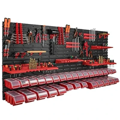 Afbeelding van 178 x 78 cm wandrek, 30 opbergbakken, deksel, gereedschapshouder, stapelboxen, werkplaats, werkbank