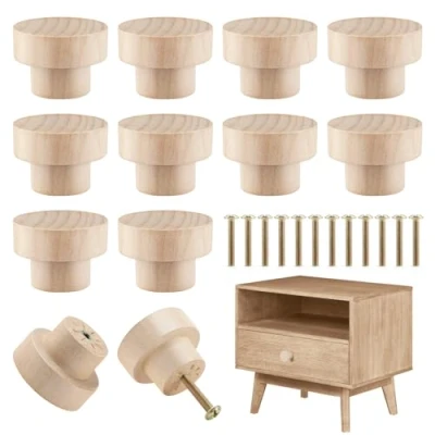 Afbeelding van GlasFlength Houten meubelgrepen, 12 stuks, meubelknoppen, 30 x 25 mm, rond, met knoppen voor keuken, ladeknop schroeven kasten, meubelknoppen van hout kasten