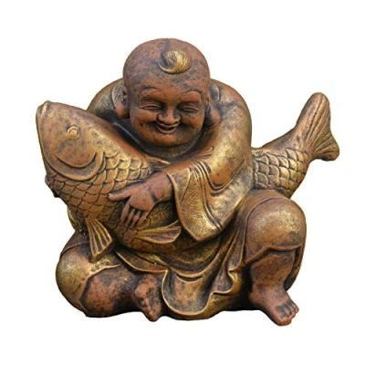 Afbeelding van gartendekoparadies.de Boeddha met Koi karper, stenen figuur, H. 33 cm, 21 kg, grijs, vorstbestendig gegoten steen voor buiten (goud)