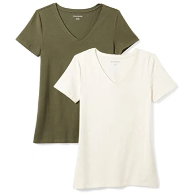 Afbeelding van Amazon Essentials Women&#039;s T shirt met korte mouwen en V hals in klassieke pasvorm, Pack of 2, Havermout/Olijfgroen, XXL