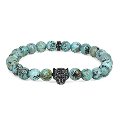 Afbeelding van COAI Cadeau ideeën Geluksarmband Afrikaanse Turquoise Elastische Armband met Panterkop Charm Luipaard Jaguar