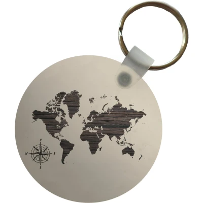 Afbeelding van Sleutelhanger Wereldkaart Hout Kompas Plastic Rond Uitdeelcadeautjes