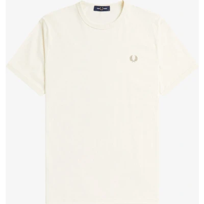Afbeelding van Fred Perry heren Ringer T shirt met logoborduring in de kleur Creme, maat: S