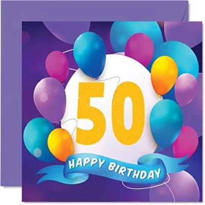 Afbeelding van 50e verjaardagskaart voor mannen vrouwen ballonfeest gelukkige verjaardagskaarten 50 jaar oude man vrouw mama papa tante oom opa oma broer zus, 145 mm x verjaardag wenskaarten cadeau
