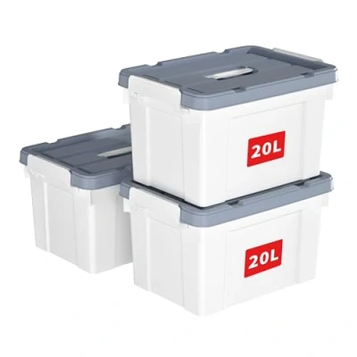 Afbeelding van Cetomo 20L x 3 opbergdozen, plastic opbergdoos met deksels, organiserende container handvat en veilige vergrendelende gespen, stapelbaar, nestbaar, draagtas voor thuiskantoor kleding, 3Pack,