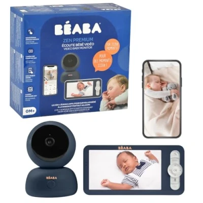 Afbeelding van BÉABA, babyfoon, 2 in 1 babyvideomonitor, scherm/speciale mobiele app, HD camera, 360 rotatie, nachtzicht, walkietalkie, slaapliedjes, temperatuur en vochtigheidsregeling, Zen Premium Blue