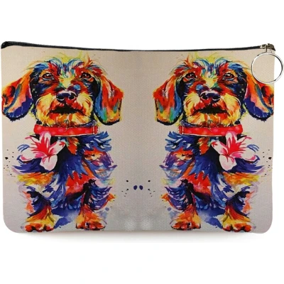 Afbeelding van Teckel etui toilettas make up tas linnen wit hond 25x17cm ruwharige teckels