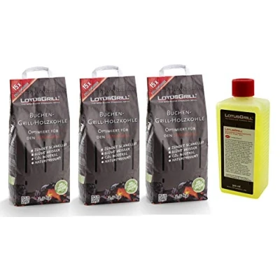 Afbeelding van LotusGrill beukenhoutskool 3X 2,5 kg zak incl. brandpasta 500 ml, beide ontwikkeld voor rookarm grillen met de