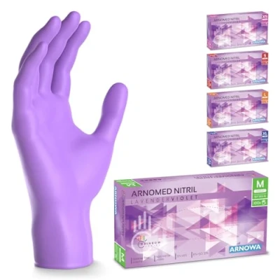 Afbeelding van ARNOMED wegwerphandschoenen paars, nitril handschoenen M, met 100 stuks per doos, poedervrij. Latexvrije rubber handschoenen, verkrijgbaar in XS, S, L &amp; XL