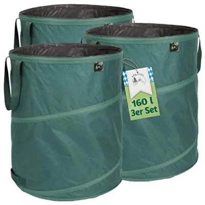 Afbeelding van TTL Garden 3 x 160 l pop up tuinzak Premium 220 gsm 600D Oxford weefsel zelfopstellend extra robuust en waterdicht set van liter tuinafvalzak bladzak zak voor het snijden de tuin opvouwbaar