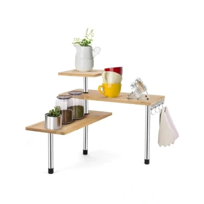 Afbeelding van Hoekrek voor de keuken, 3 planken, hout, bamboe, frame van staal, hoekrek, kruidenrek bamboe met haken