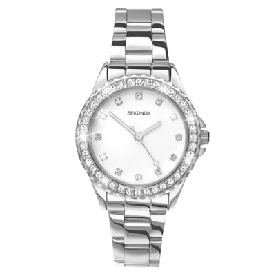 Afbeelding van Sekonda Elizabeth Dameshorloge, kwartshorloge, 33 mm, met stenen kast, analoog display en roestvrijstalen armband, Zilveren witte wijzerplaat, Single