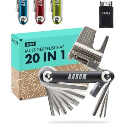 Afbeelding van AARON Tool 20 in 1 multitool, multifunctioneel gereedschap van roestvrij staal/aluminium, opvouwbaar mini fietsgereedschap met vele functies, praktisch fietstool zwart