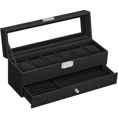 Afbeelding van Famanu Horlogedoos, Horlogekast, Glazen deksel, Doos met 2 niveaus, 12 Horloges, Afsluitbaar, 1 Lade, Ringen, Armbanden
