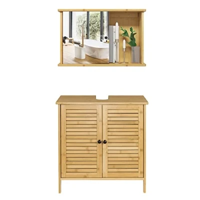 Afbeelding van EUGAD Badkamermeubel, set, wastafelonderkast, badkamerkast met spiegelkast, hangkast voor badkamer, bamboe, model 6