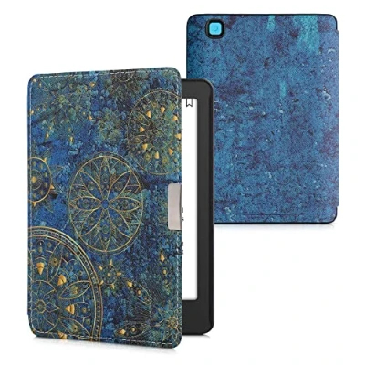 Afbeelding van kwmobile E reader hoesje geschikt voor Kobo Aura Edition 2 hoes flip case met magnetische sluiting Ereader cover Mandala design in geel / donkerblauw