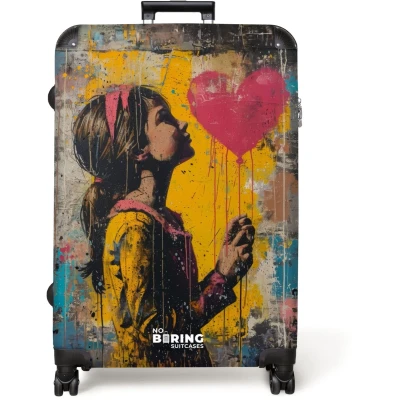 Afbeelding van NoBoringSuitcases.com® Koffer groot Reiskoffer lichtgewicht Meisje met hartvormige ballon in graffiti stijl Rolkoffer 4 wielen Grote trolley XL 98 liter bagage