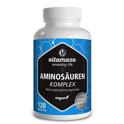Afbeelding van Aminozuren Complex hoge Dosis &amp; veganistisch, 120 Tabletten met 8 essentiële (U.a. Tryptofaan, Lysine, Leucine, Tyrosine), Voedingssupplement zonder Additieven, Made in Germany