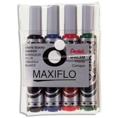 Afbeelding van Pentel Maxiflo Pack van 4 Whiteboard Bullet Marker Brede Tip Zwart, Blauw, Groen, Rood