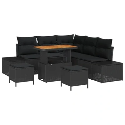 Afbeelding van vidaXL 8 Pees Tuin Sofa Set met Kussens Zwart Poly Riet Acacia