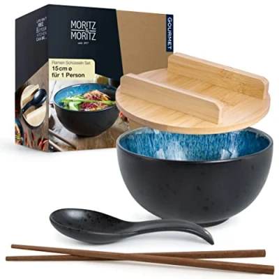 Afbeelding van Moritz &amp; Ramen Blue Reagent met deksel en zwarte lepel Voor 1 persoon soep, pho sushibowl