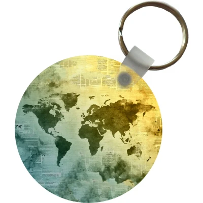 Afbeelding van Sleutelhanger Wereldkaart Waterverf Kleuren Plastic Rond Uitdeelcadeautjes