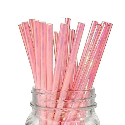 Afbeelding van Koraal Roze Parel Iridescent Paper Rietjes, Schattig Pretty Straws Voor Party Decoratie, 100 Count