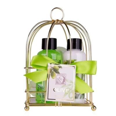 Afbeelding van Accentra Doucheset dames cadeauset OLIVE in een mooie draadmand 3 delige verzorgingsset met douchegel, bodylotion en badspons Wellness voor verjaardagen, Moederdag &amp; Valentijnsdag