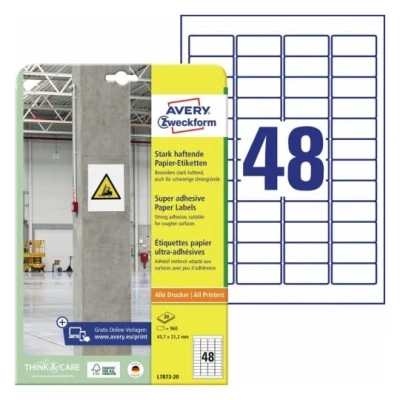 Afbeelding van Avery Zweckform L7873 20 ( 45.7 x 21.2 mm, Wit, 960 stuk(s), Permanent hechtend, Sterk hechtend