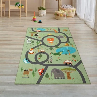 Afbeelding van Teppich Traum Vloerkleed, kinderkamer, tapijt, antislip, wasbaar safari, street auto&#039;s, dieren, loper, groen, 80 x 150 cm