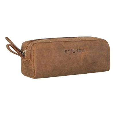 Afbeelding van STILORD &#039;Linus&#039; etui leder vintage heren pennenbakje vierkant pennenbakje, Kleur:tan donker bruin