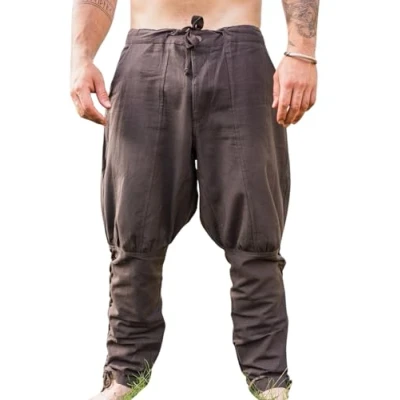 Afbeelding van Leonardo Carbone® Vikingbroek met vetersluiting voor heren, middeleeuwse kleding, Vikingbroek, kostuum, festivaloutfit, LARP, cosplay, vrijetijdsbroek, 100% katoen, bruin, L