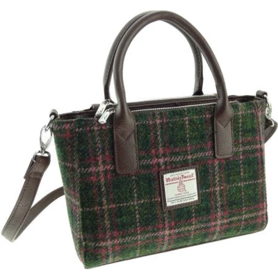 Afbeelding van Handtas Brora Groen met Paars Ritssluiting Draagband Harris Tweed Glen Appin of Scotland