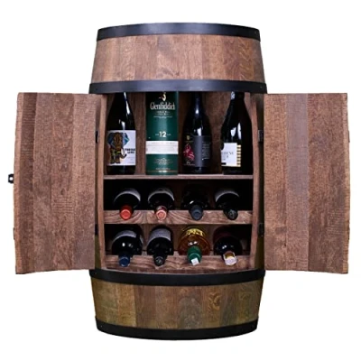 Afbeelding van CREATIVE COOPER Wijnvat statafel met deur, wijnligstoelen en planken, alcoholkast, flessenrek, houten vat, vatmeubel, wijnrek, vat van hout, wijnbaar, inzetbaar, 80 cm, wengé