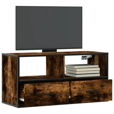 Afbeelding van Tv meubel 80x31x39,5cm bewerkt hout metaal gerookt eikenkleurig