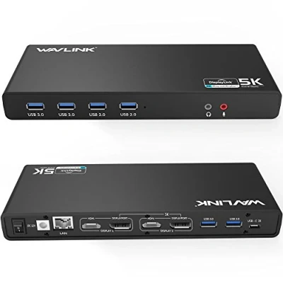Afbeelding van Wavlink USB 3.0 Ultra 5K universeel dockingstation ondersteunt dual 4K video uitgangen voor laptop, pc of Mac (DisplayPort en HDMI, Gigabit Ethernet, audio uitgang microfooningang), zwart