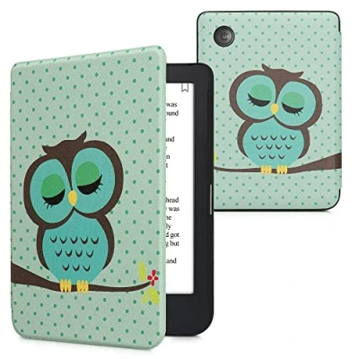 Afbeelding van kwmobile hoes geschikt voor Kobo Clara 2E Magnetische sluiting E reader cover in turquoise / bruin mintgroen Slapende Uil design