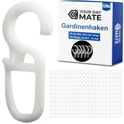 Afbeelding van gordijnhaken voor gordijnringen, 120 stuks, met Ø 10 mm oogje, gordijnringen van 8 tot mm, wit, haken om op te hangen, clipset