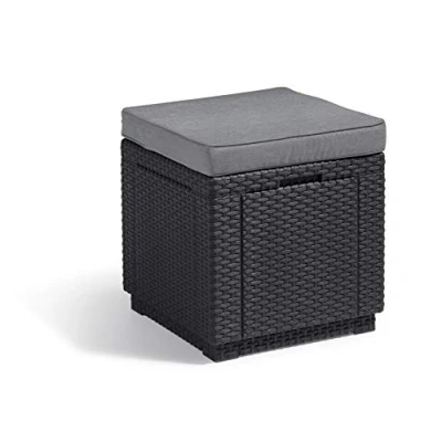 Afbeelding van Allibert by Keter Cube, kruk met opbergruimte, grijs, incl. kussen, afneembaar deksel, platte rotanlook, weerbestendig, 42 x 39 cm