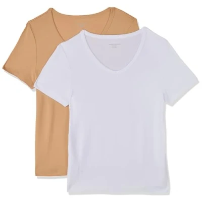 Afbeelding van Amazon Essentials Women&#039;s T shirt met korte mouwen en V hals in slanke pasvorm, Pack of 2, Licht camel/Wit, S