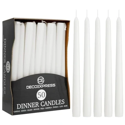 Afbeelding van Deco Express Diner Kaarsen Pack van 6, 10, 15 of 50 Taps toelopende Niet Druppelen Langdurig 8 uur, Ongeparfumeerd (Wit Pack)