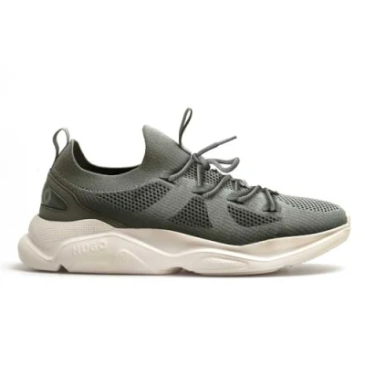 Afbeelding van HUGO Leon Runn sneakers voor heren in hardloopschoenstijl met gebreid bovenmateriaal en bubbel logo, medium groen, 42 EU