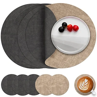 Afbeelding van Myir JUN Lederen Placemat Rond en Onderzetters, Tafelmatten Waterdichte Afveegbare Dubbelzijdige Plaats Matten Koffiematten Antislip Wasbare Placemats Coaster (Grijs Beige, Sets 6)