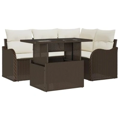 Afbeelding van vidaXL 5 Delige Tuin Sofa Set met Kussens Bruin Poly Rattan, 2 Persoons Rattan