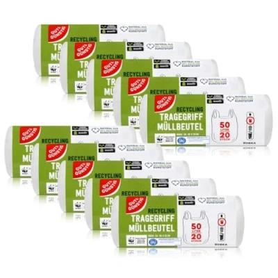 Afbeelding van 200 vuilniszakken met handvat, 50 liter, 20 stuks per rol, scheurvast en vloeistofbestendig, recyclebaar product verpakking, verpakking van 10 rollen