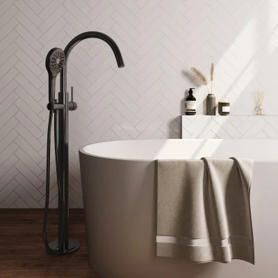 Afbeelding van Brauer gunmetal carving Staande Badkraan handdouche rond 3 standen 2 knoppen geborsteld