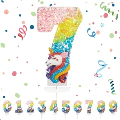 Afbeelding van Verjaardagskaarsen 7 jaar, 3D eenhoornkaarsen, cijfer verjaardagskaarsen, regenboog, eenhoorn, kaarsen, taartdecoratie, geschikt voor verjaardagsfeesten, babyshower