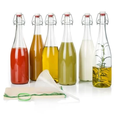 Afbeelding van myFERMENTS Glazen Flessen met Luchtdichte Porseleinen Sluiting 750 ml Trechter (10 cm) en Mousseline (50x50 Voor Water, Sap, Bier, Kombucha, Kefir, Oliën Set van 6