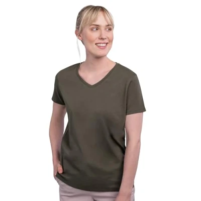 Afbeelding van HRM Luxe T shirt voor dames, met V hals van 100% biologisch katoen, basic wasbaar tot 60 C, hoogwaardige en duurzame damestops, olijfgroen, 3XL